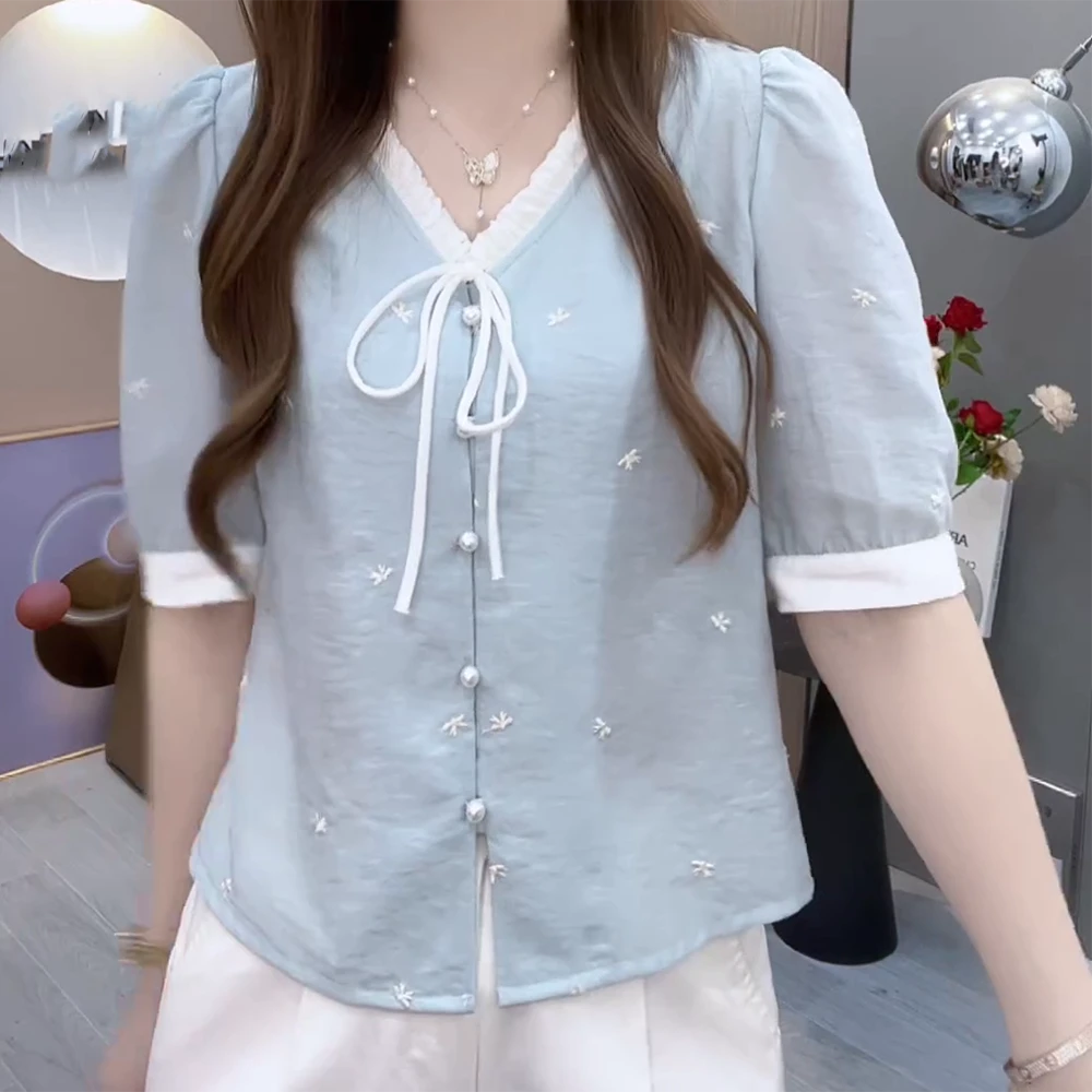 夏季新款V领衬衫女洋气百搭气质减龄上衣C5669