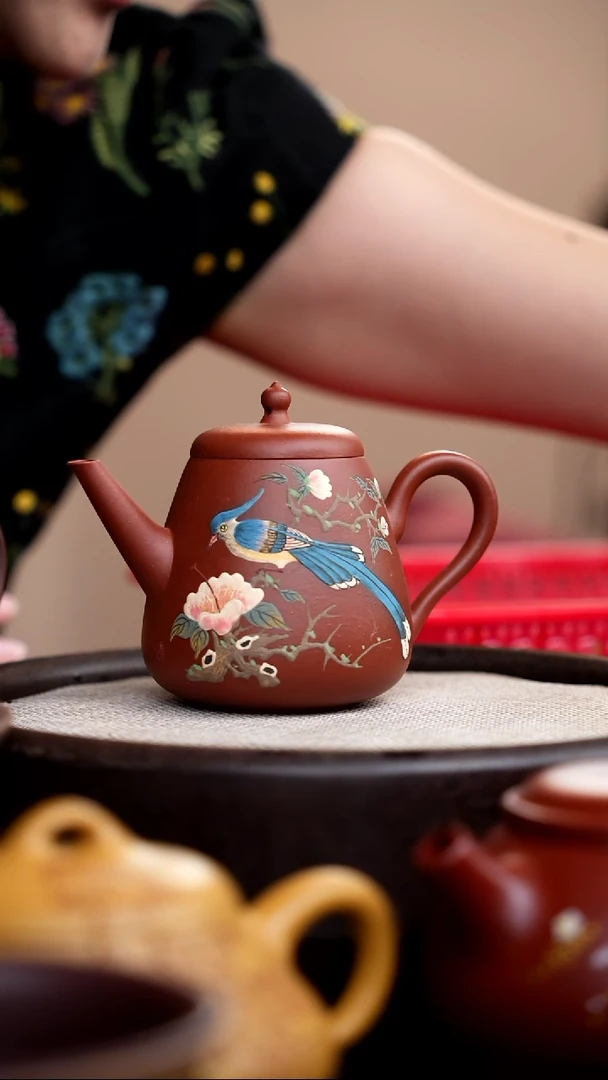 茶壶紫砂底槽清高石瓢泥绘蓝鸟