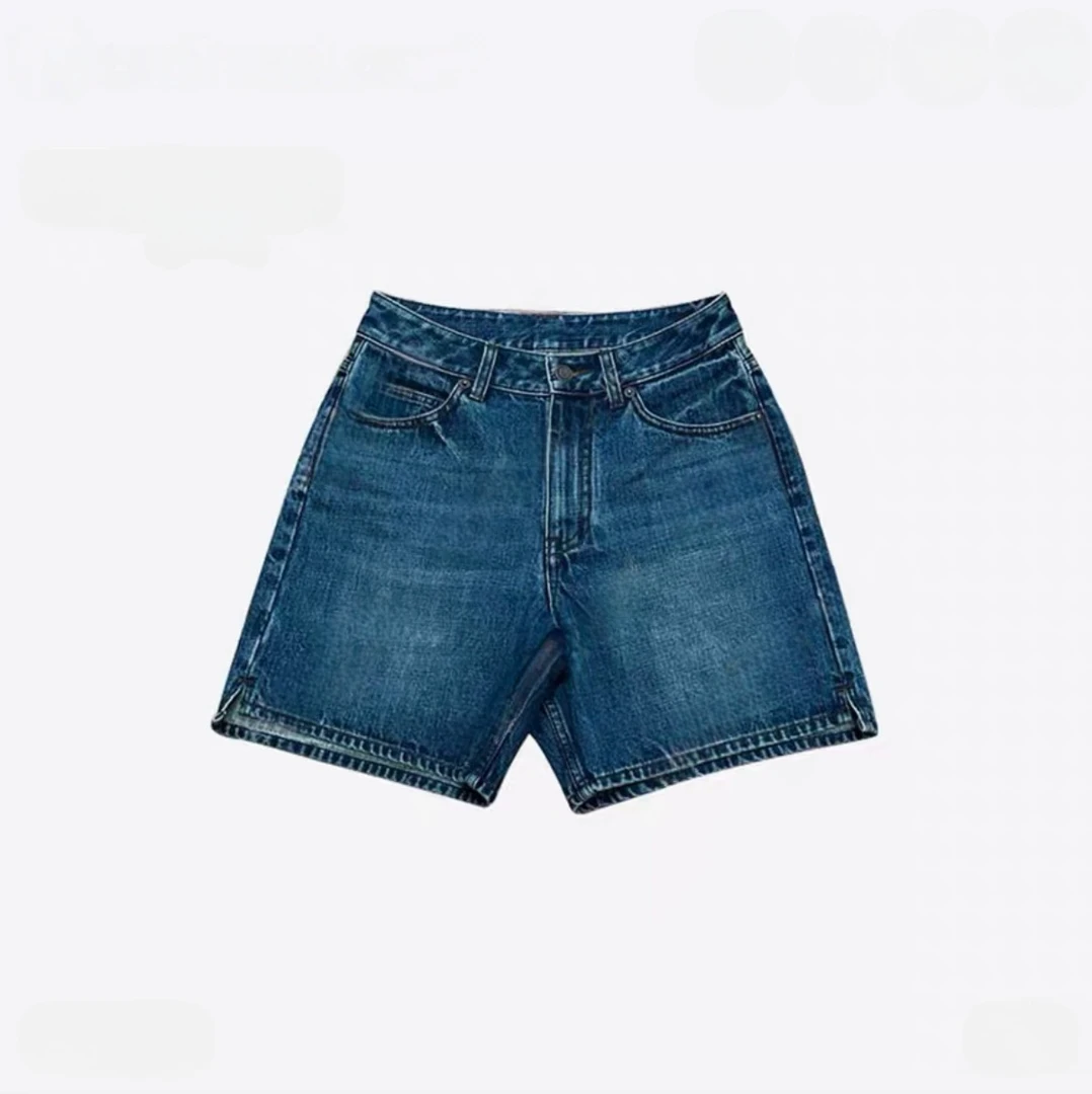 【LLE】复古休闲磨白水洗小开叉牛仔短裤20256
