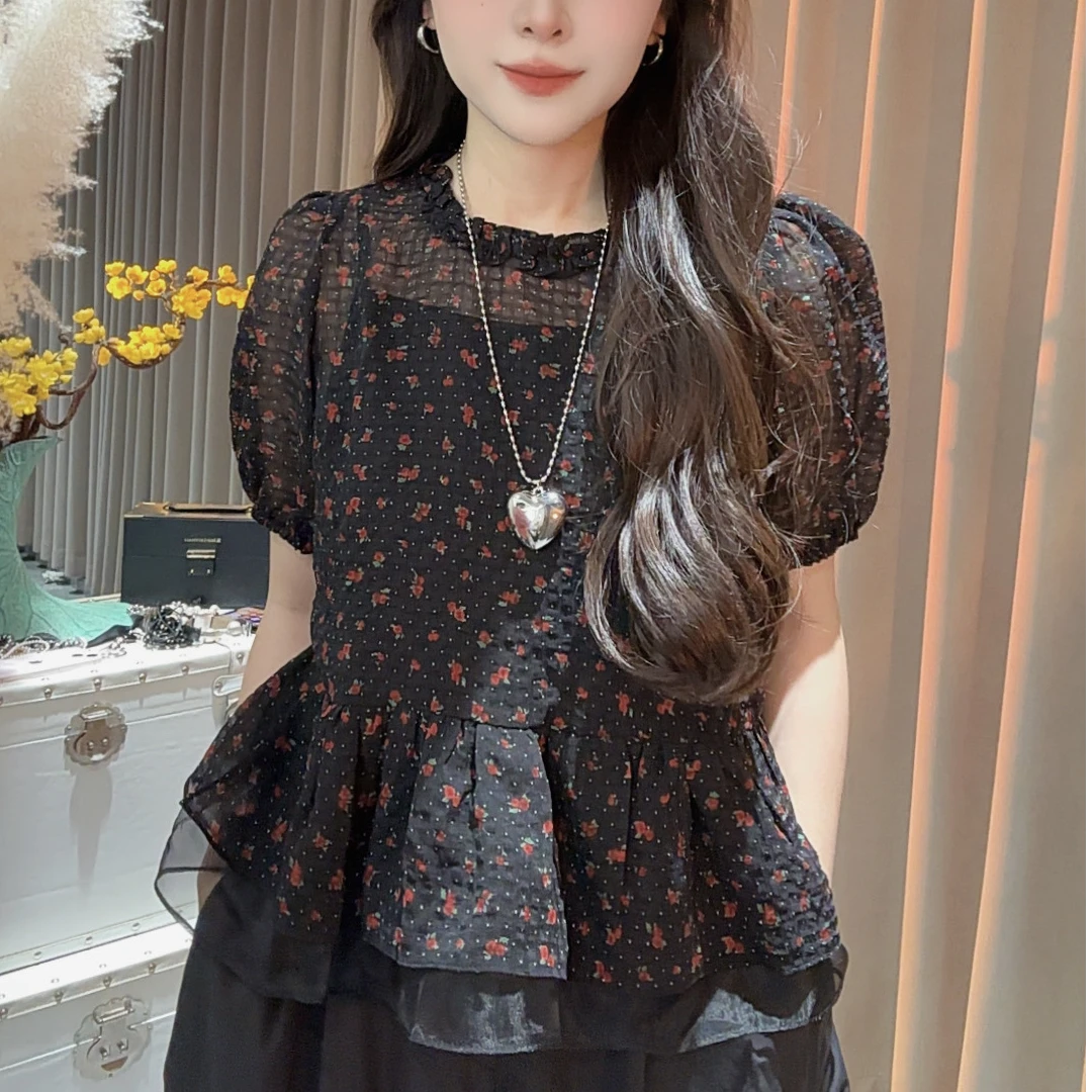 HUIHUI 法式印花雪纺短袖衬衫·