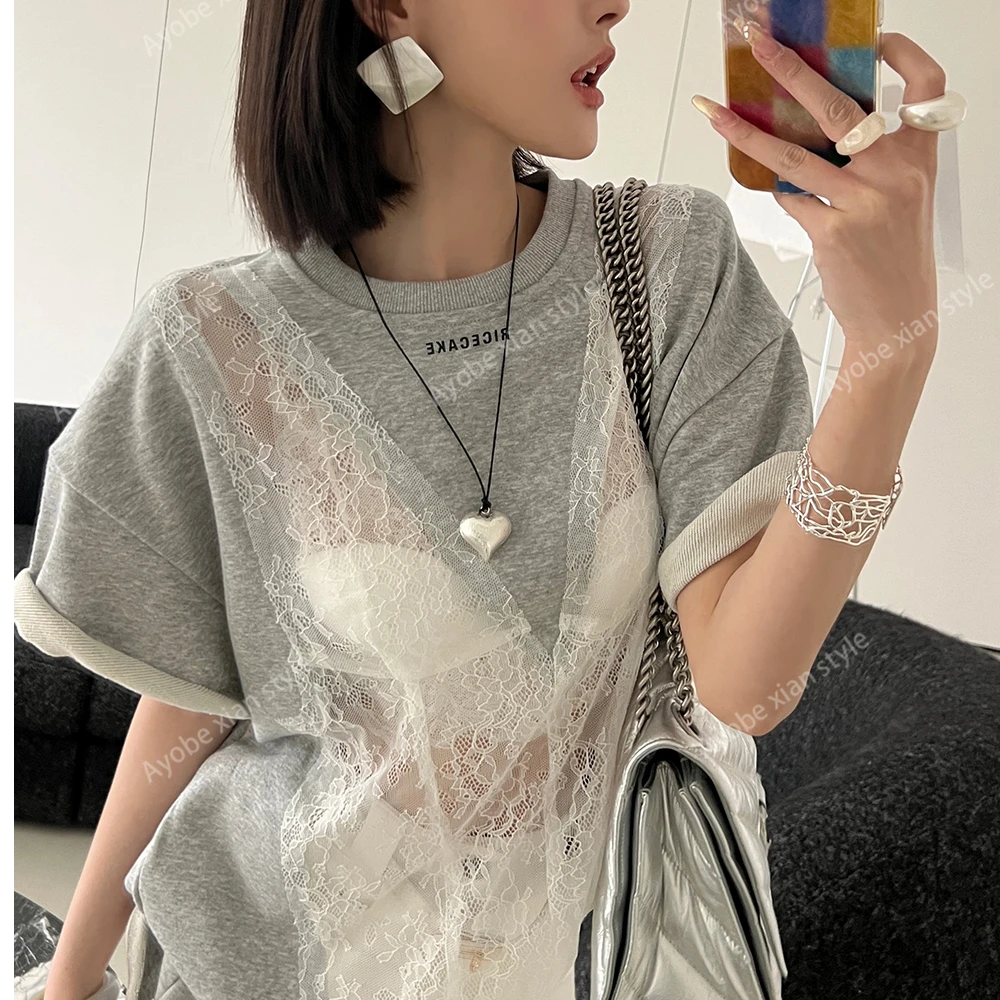 【心动时刻】2025年新款蕾丝拼接花边浪漫上衣短袖百搭休闲