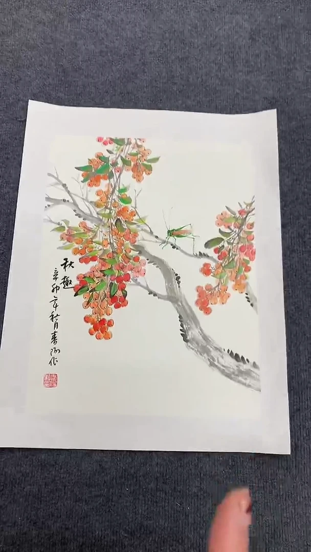 竖款精品三开三花鸟，秋趣