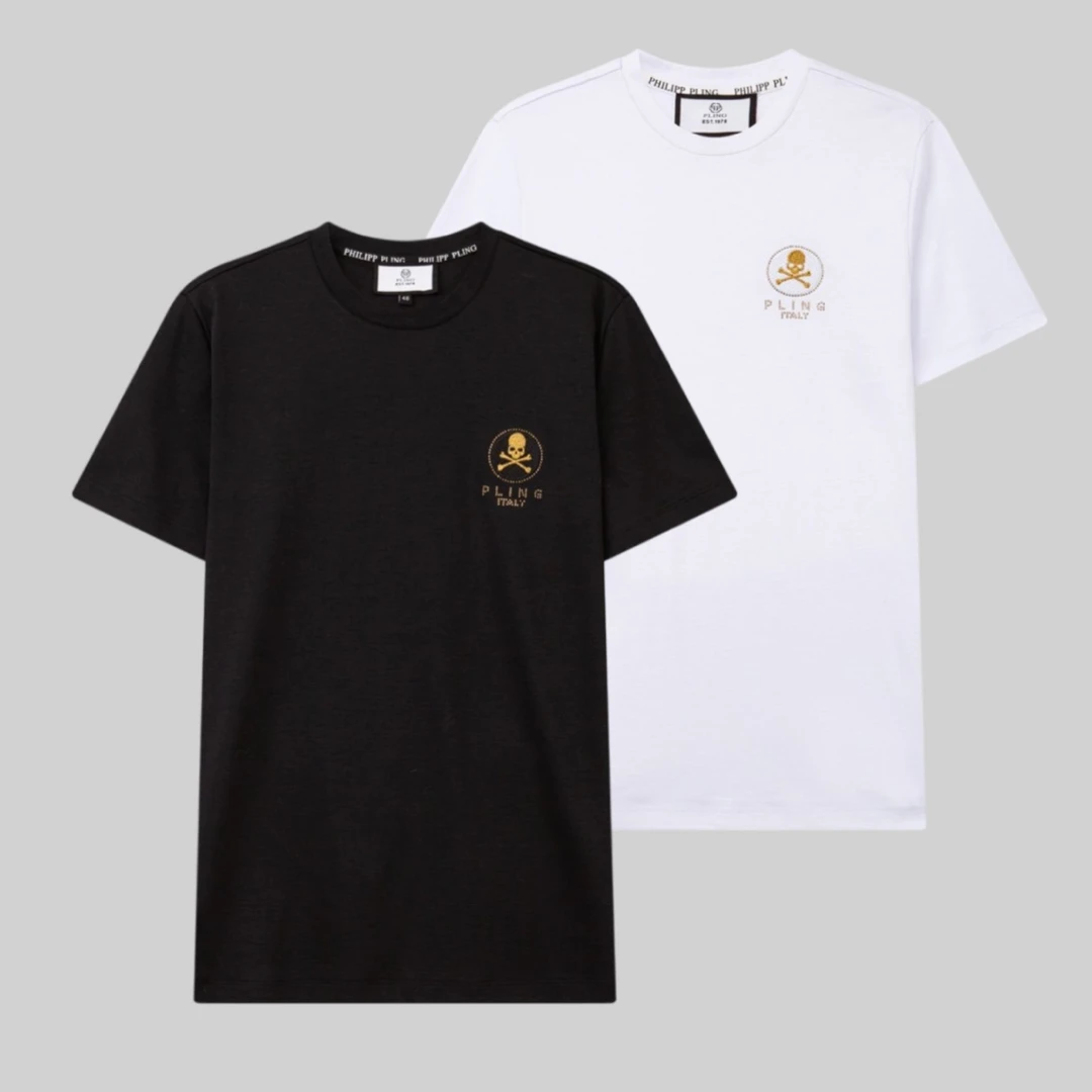 2025新款轻奢潮流男士半袖高级榻榻米纹理刺绣烫钻骷颅头圆领T恤