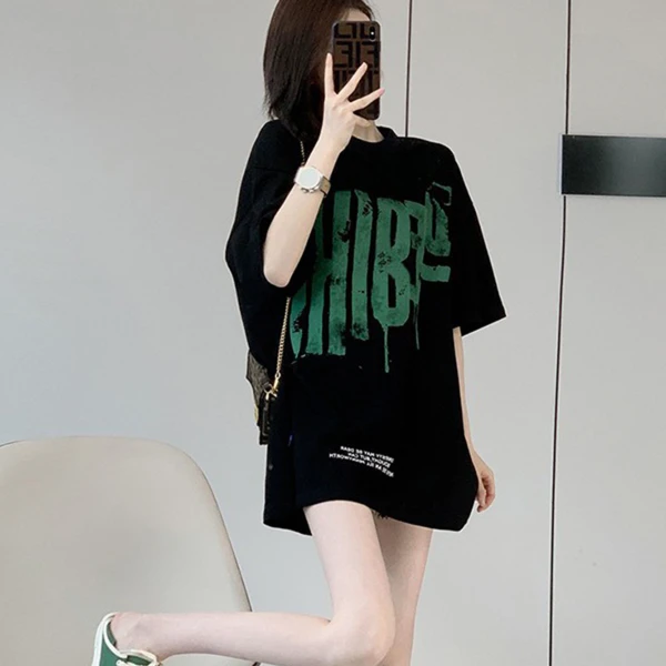 短袖t恤女夏季2025新款韩版超好看绿字母宽松中长款重磅纯棉上衣