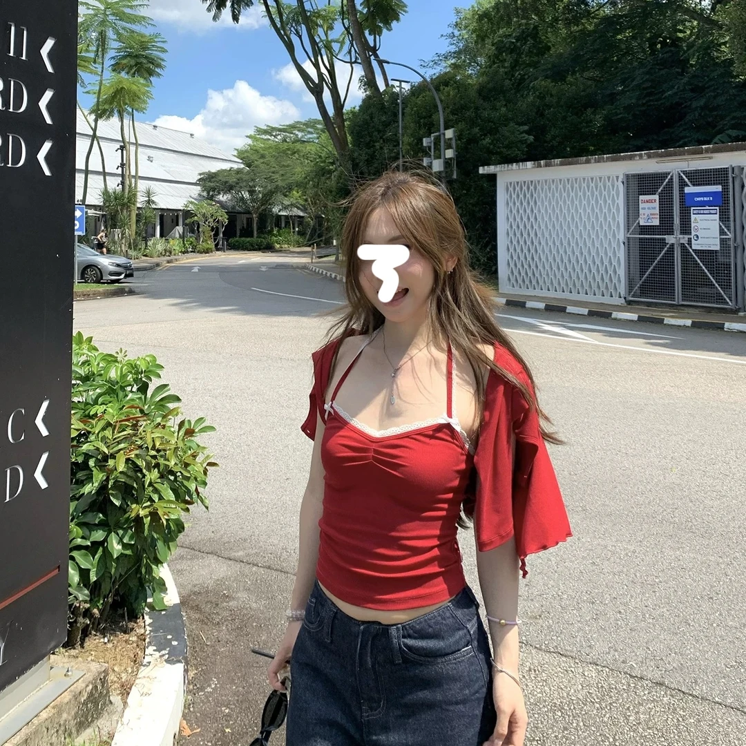 简约百搭蕾丝花边吊带+中袖防晒开衫两件套