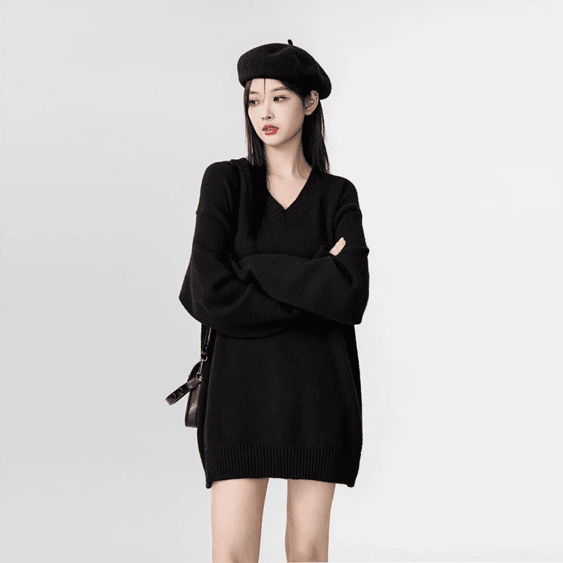 黑色v领毛衣女2025新款韩版宽松慵懒风中长款打底长袖针织衫上衣