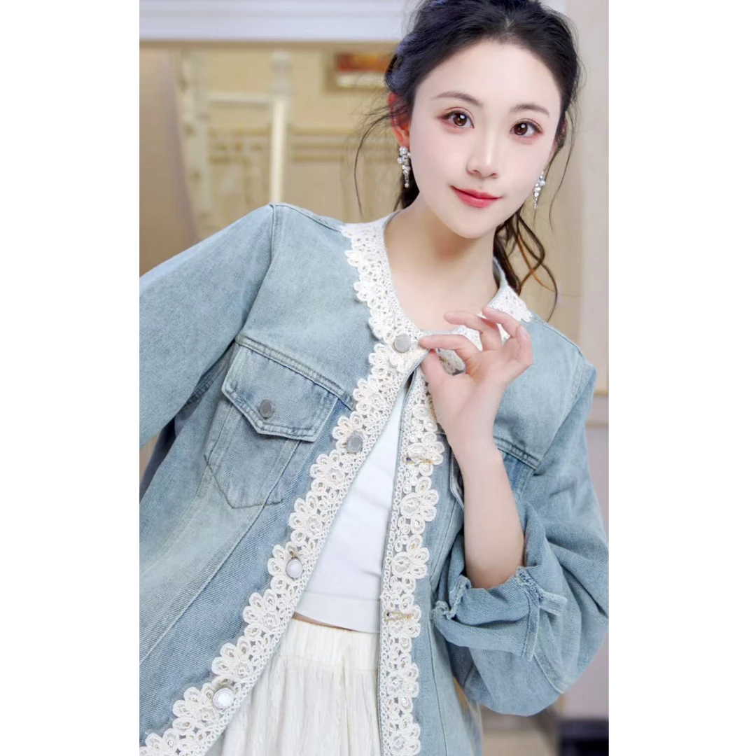 【北栀】时尚百搭花边牛仔外套813815