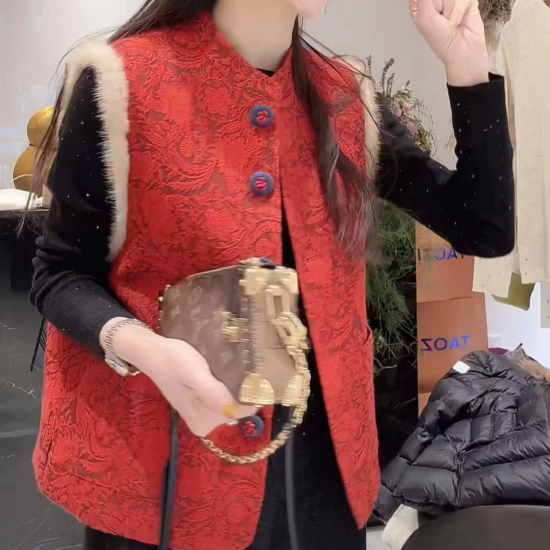 新中式红水貂毛浮雕刺绣新中式加厚马甲冬季时尚秋冬外穿保暖马夹