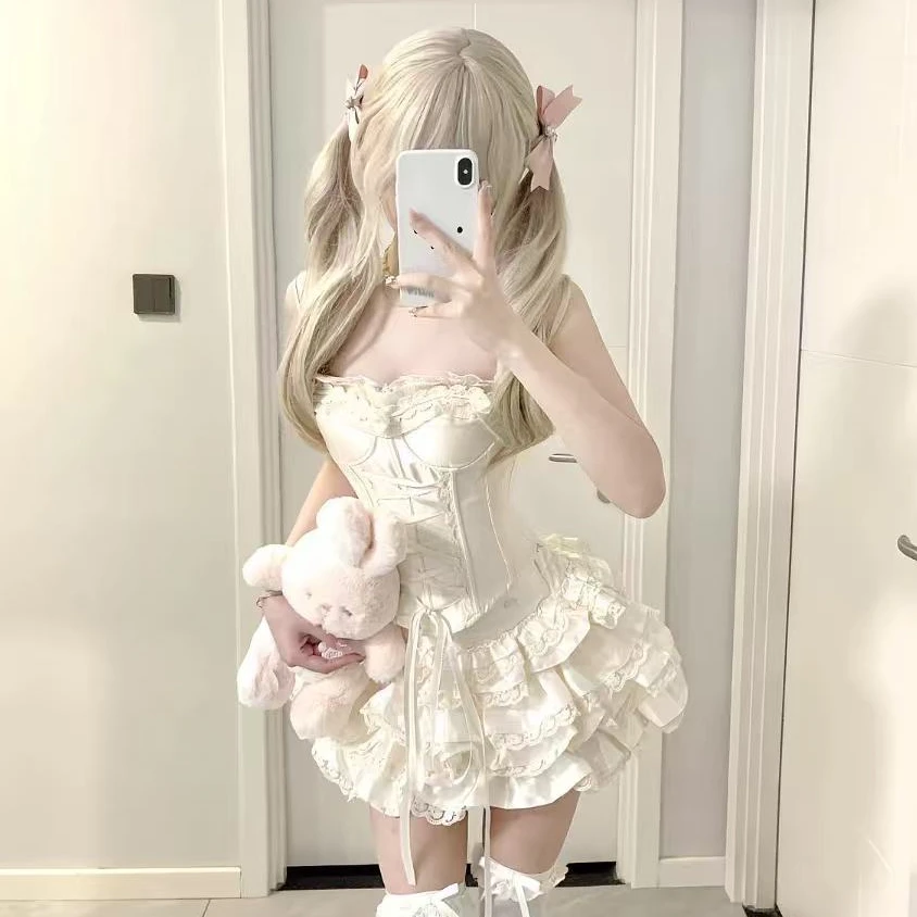 【香香公主】法式甜辣风蕾丝绑带收腰修身吊带高腰蓬蓬短裙套装