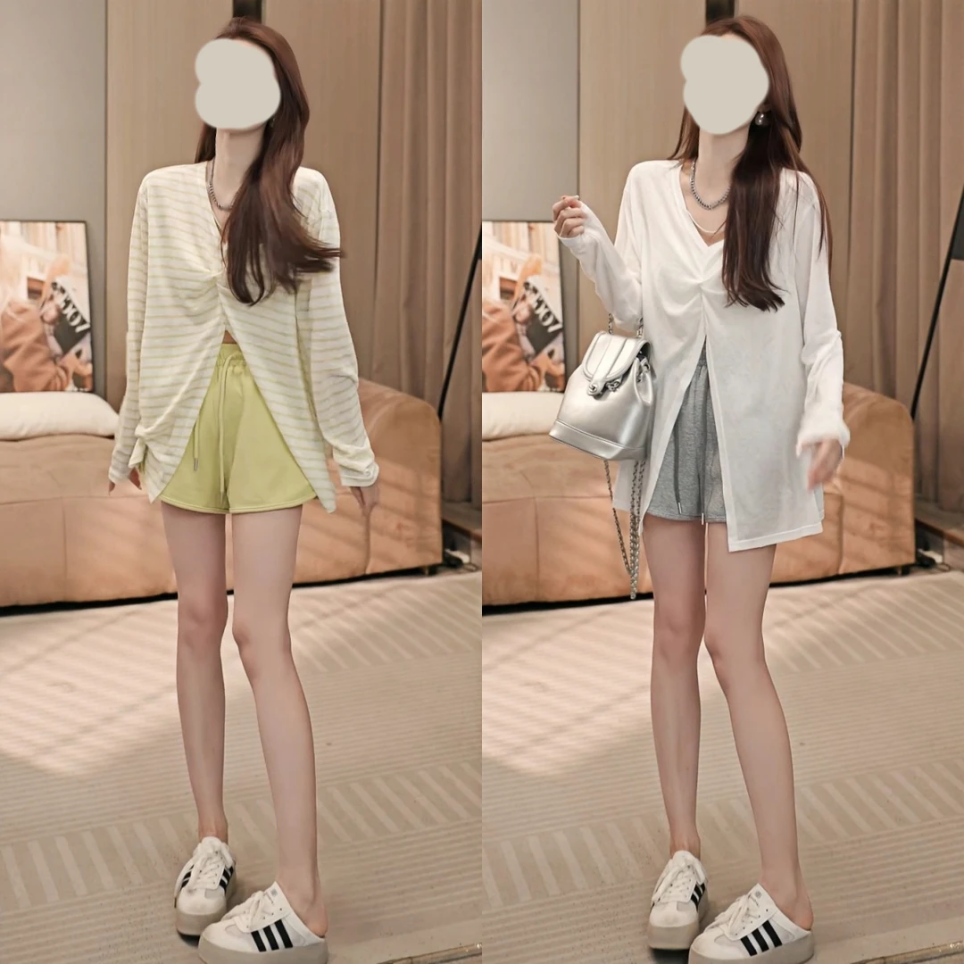 休闲百搭慵懒风套装女条纹防晒t恤夏季新款阔腿短裤洋气两件套