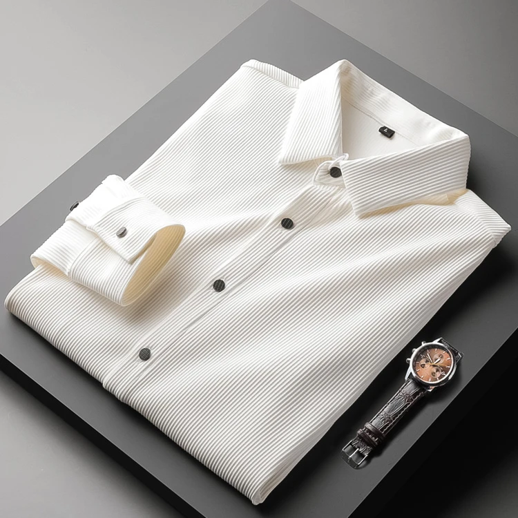 普卡夕赫轻奢级秋季竖条纹免烫抗皱男士长袖修身商务休闲衬衣男潮