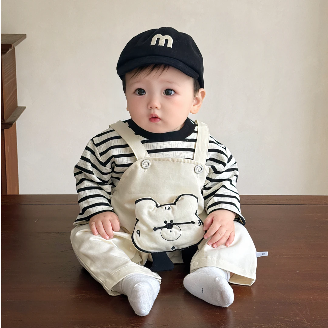 婴儿衣服春秋装宝宝条纹背带裤两件套外出服男女儿童秋季套装卡通
