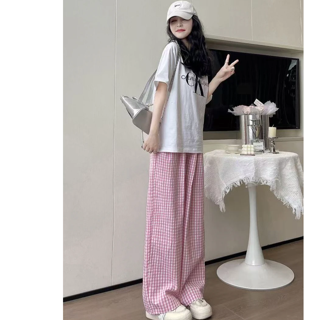 山本格子裤夏季薄款宽松慵懒风透气高腰阔腿裤