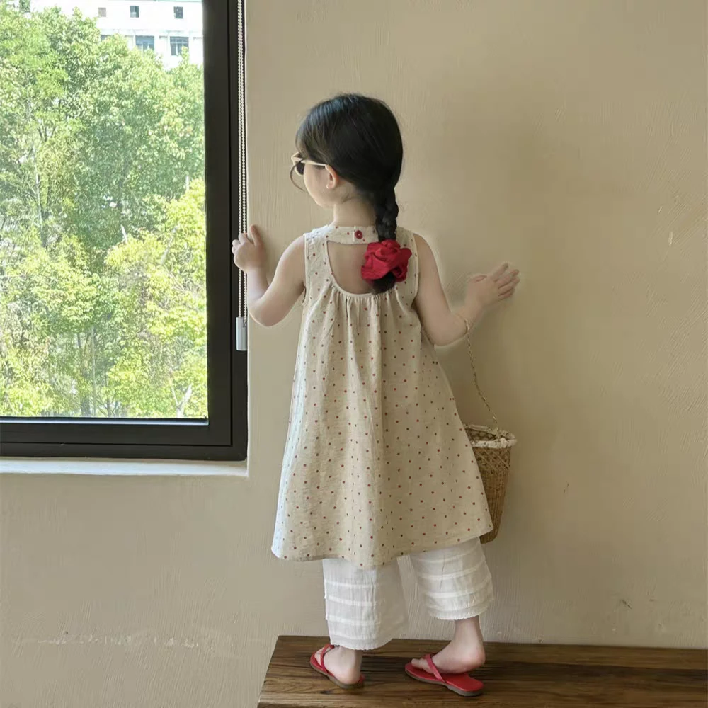 亲子款！女童棉麻波点连衣裙2025夏季新款韩版儿童挂脖公主裙