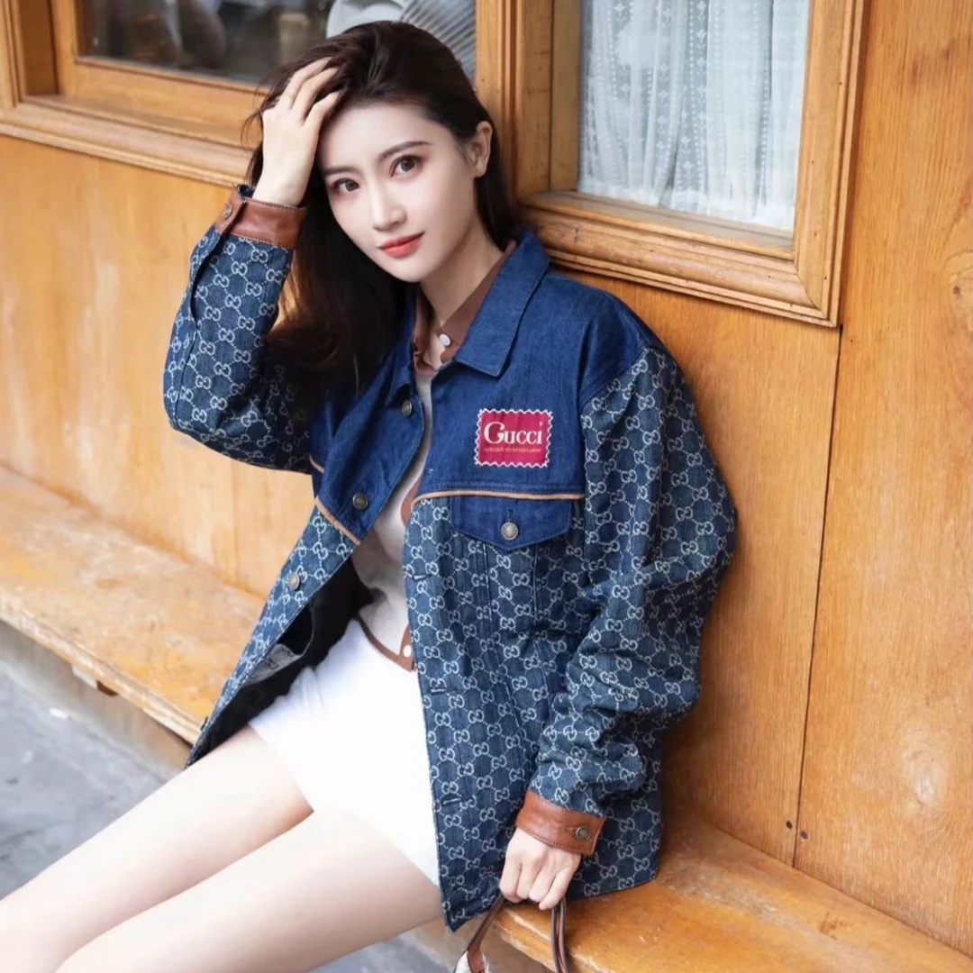 未使用 GUCCI/古驰 满印徽标图案翻领长袖牛仔外套