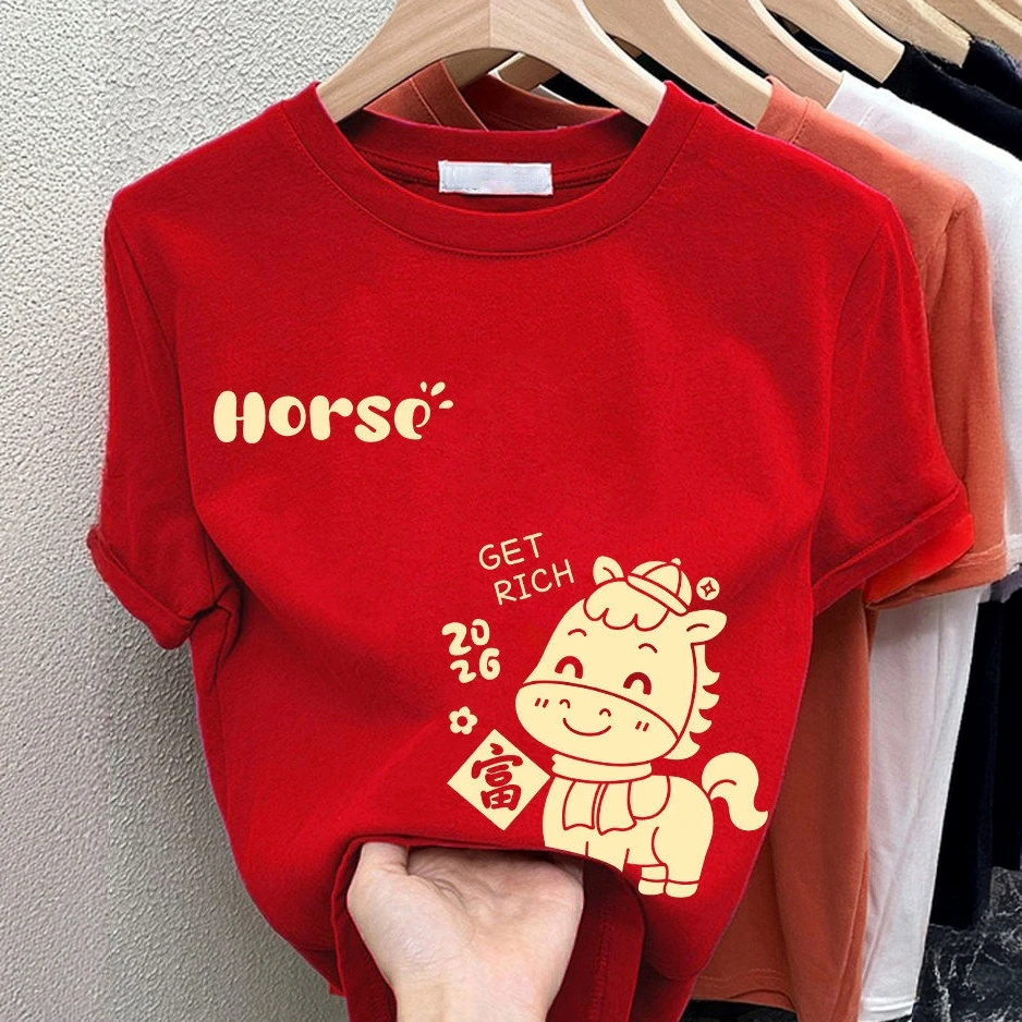 2026新款马年本命年衣服红色纯棉短袖T恤女春秋冬设计感内搭上衣