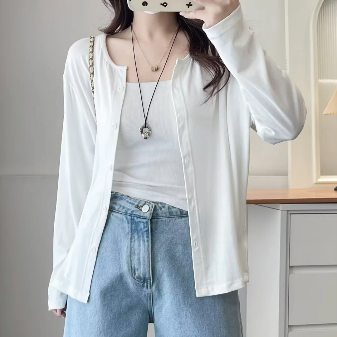 微胖MM夏季新款高弹力圆领长袖防晒针织开衫女大码宽松百搭空调衫