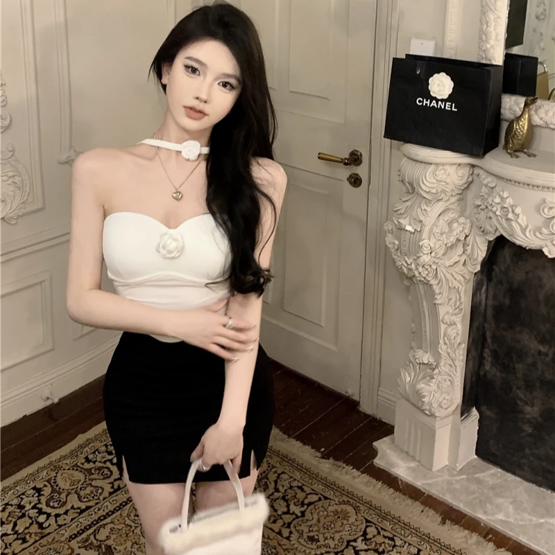 夏季新款时尚纯欲辣妹风性感挂脖抹胸无袖修身显瘦短款背心上衣