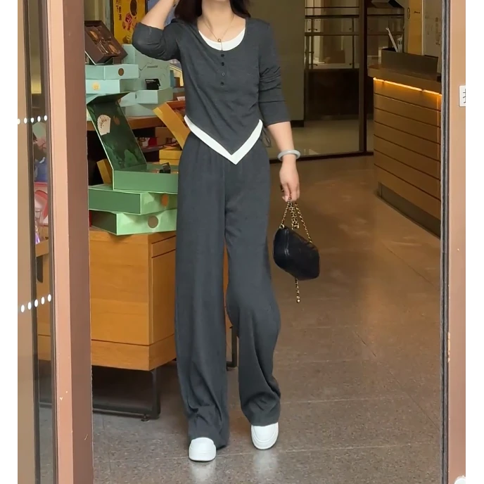 2024厚款春秋季假两件抽绳上衣两件套直筒阔腿裤套装女气质