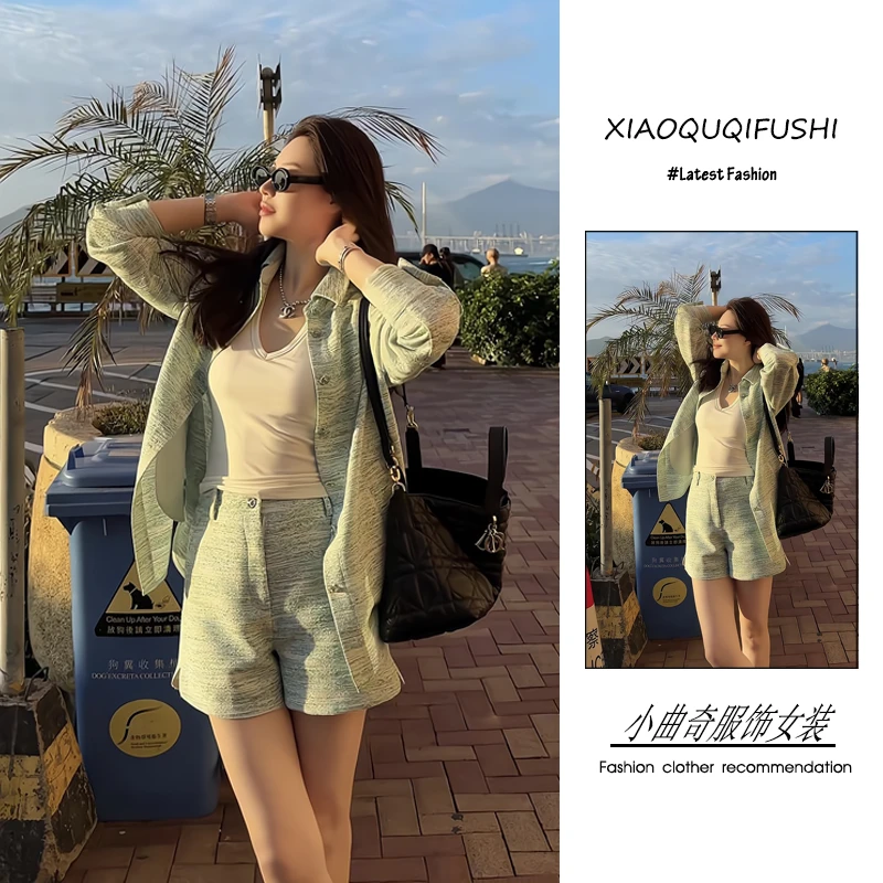 早春一整套女装2025年新款韩系小清新度假洋气衬衫背心短裤三件套