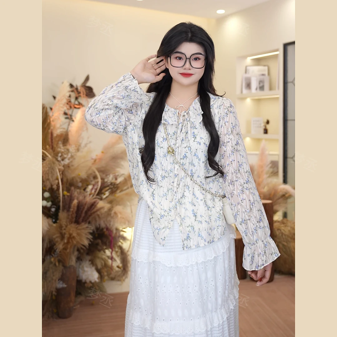 梦丞【梦境蓝岛】大码女装碎花荷叶边设计感衬衣温柔气质长袖衬衫