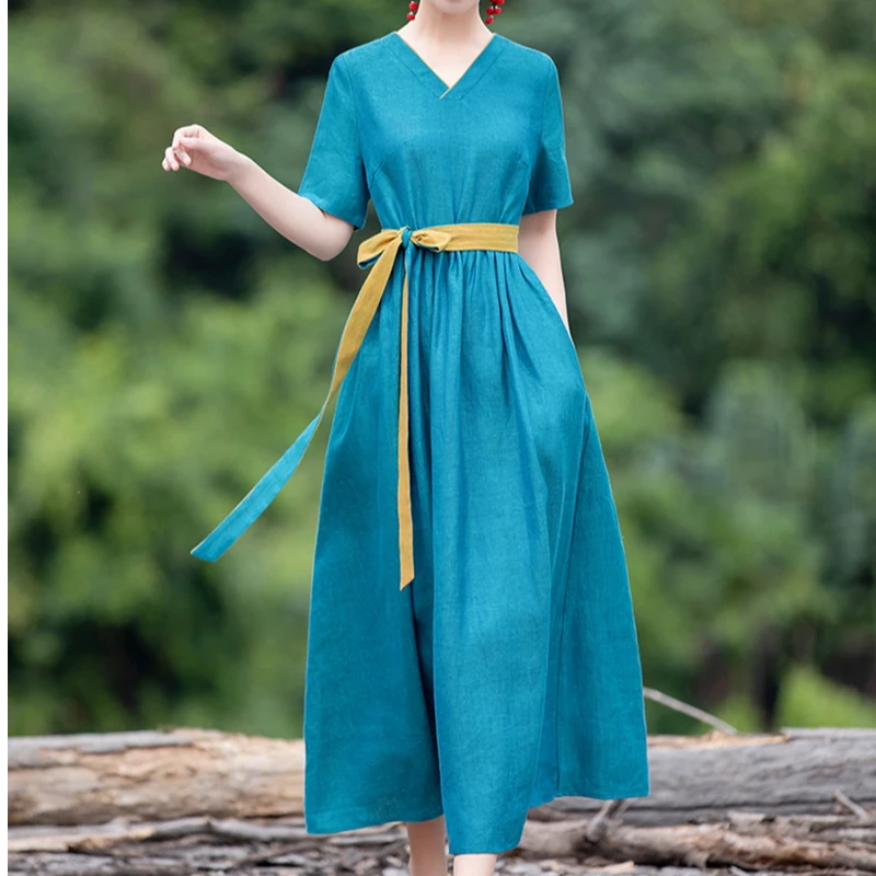 新中式民族风亚麻连衣裙女2025夏季新款文艺显瘦复古设计感长裙女