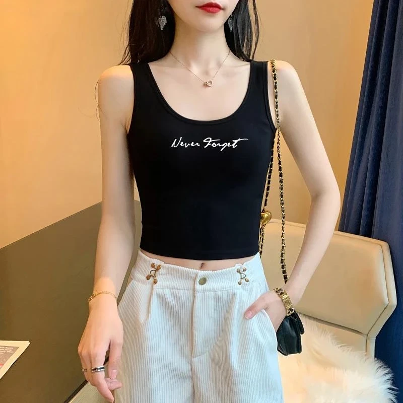 黑色小吊带背心女短款夏季新款内搭外穿高腰露脐打底无袖印花上衣