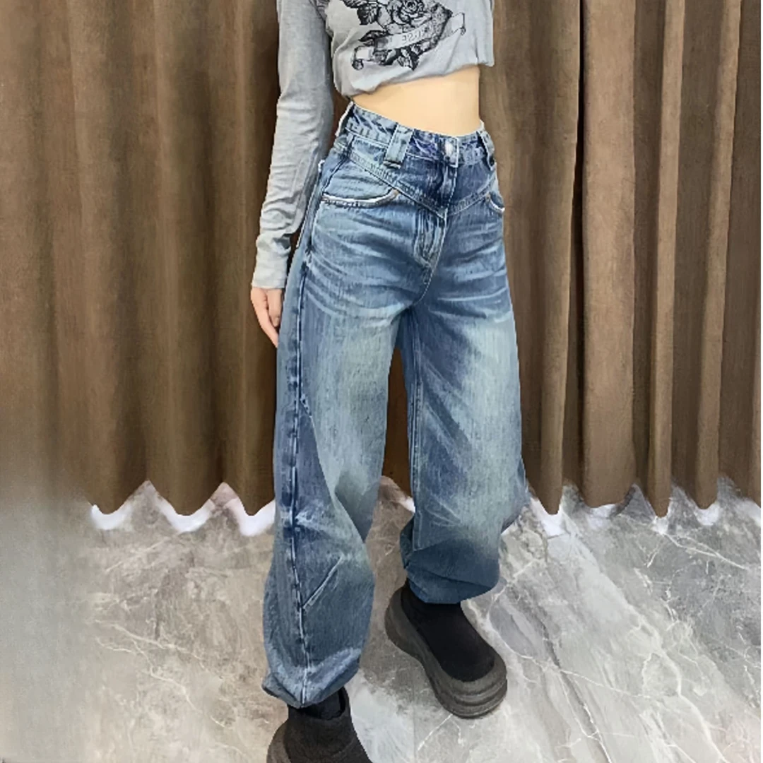 2025春季高腰显瘦宽松炸街美式做旧高端欧货洋气时尚蓝色牛仔裤女
