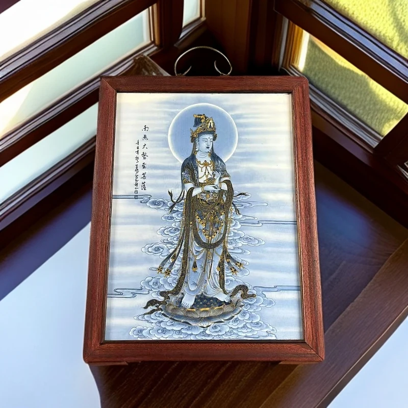 景德镇陶瓷瓷板人物青花大势至实木边框37*28cm