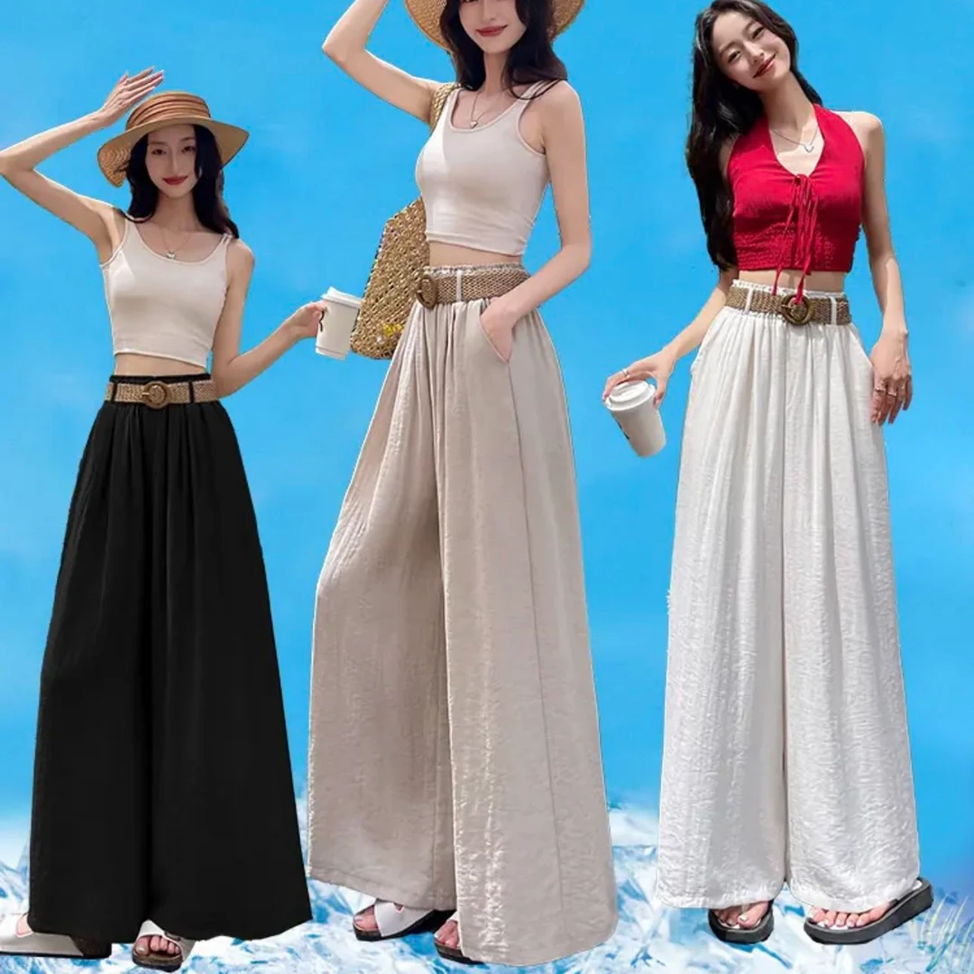 【送腰带】轻薄透气~复古风显瘦高腰阔腿裙裤！