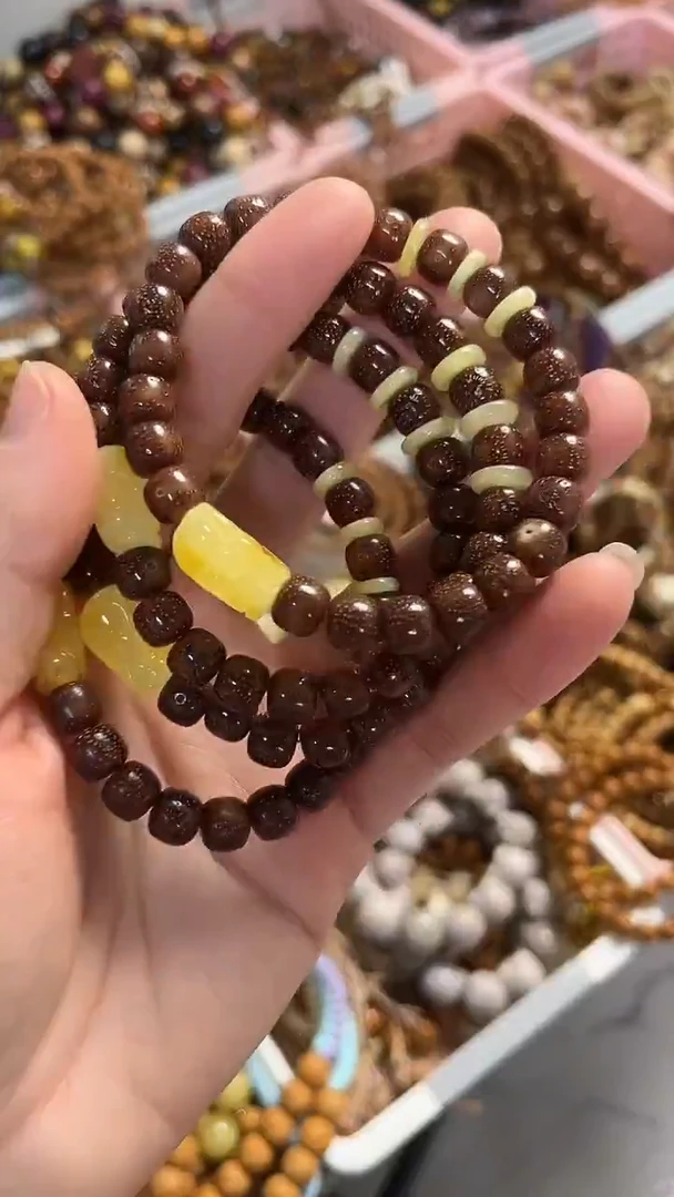 手串蜜蜡未镶嵌星月粉皮老型7*8mm手串搭配蜜蜡貔貅