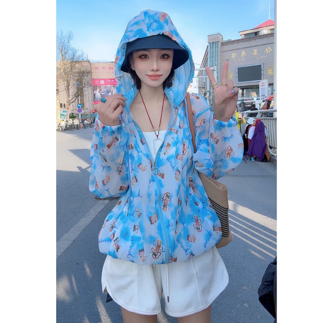 【湘湘定制】夏季新款薄款连帽时尚印花防晒外套女时尚小众潮