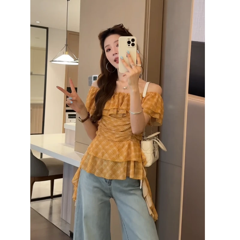 法式小众短袖一字领性感衬衫短款高级感夏季小个子收腰雪纺上衣