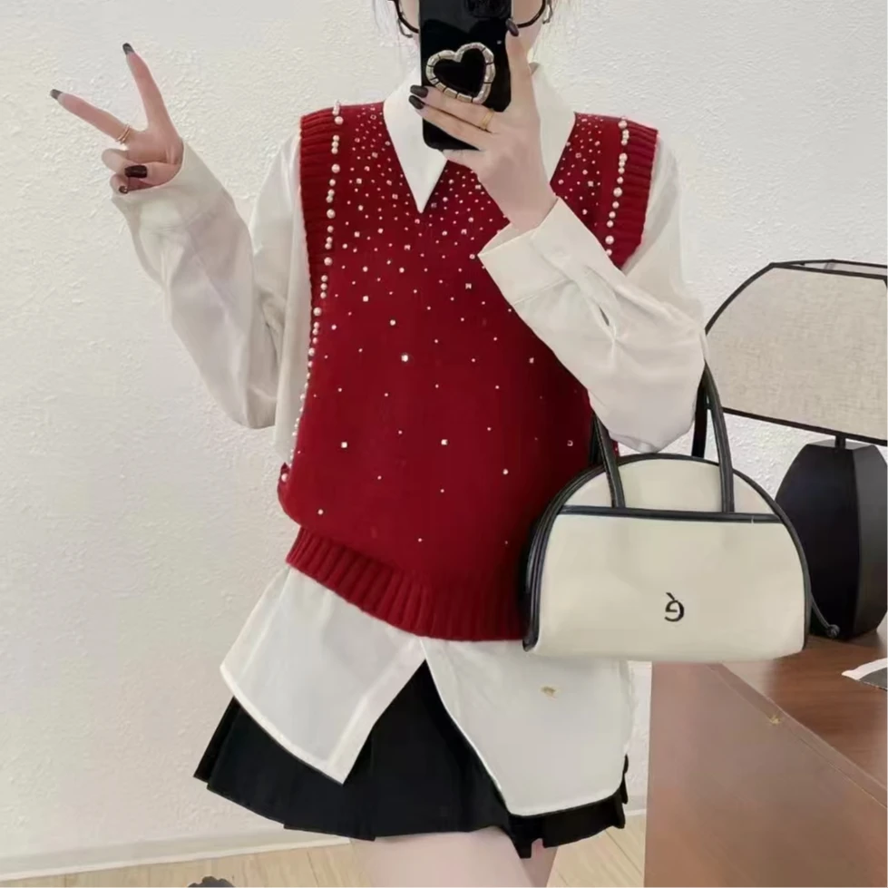 秋冬新款时尚洋气镶钻针织背心百搭显瘦气质网红减龄宽松小香马甲