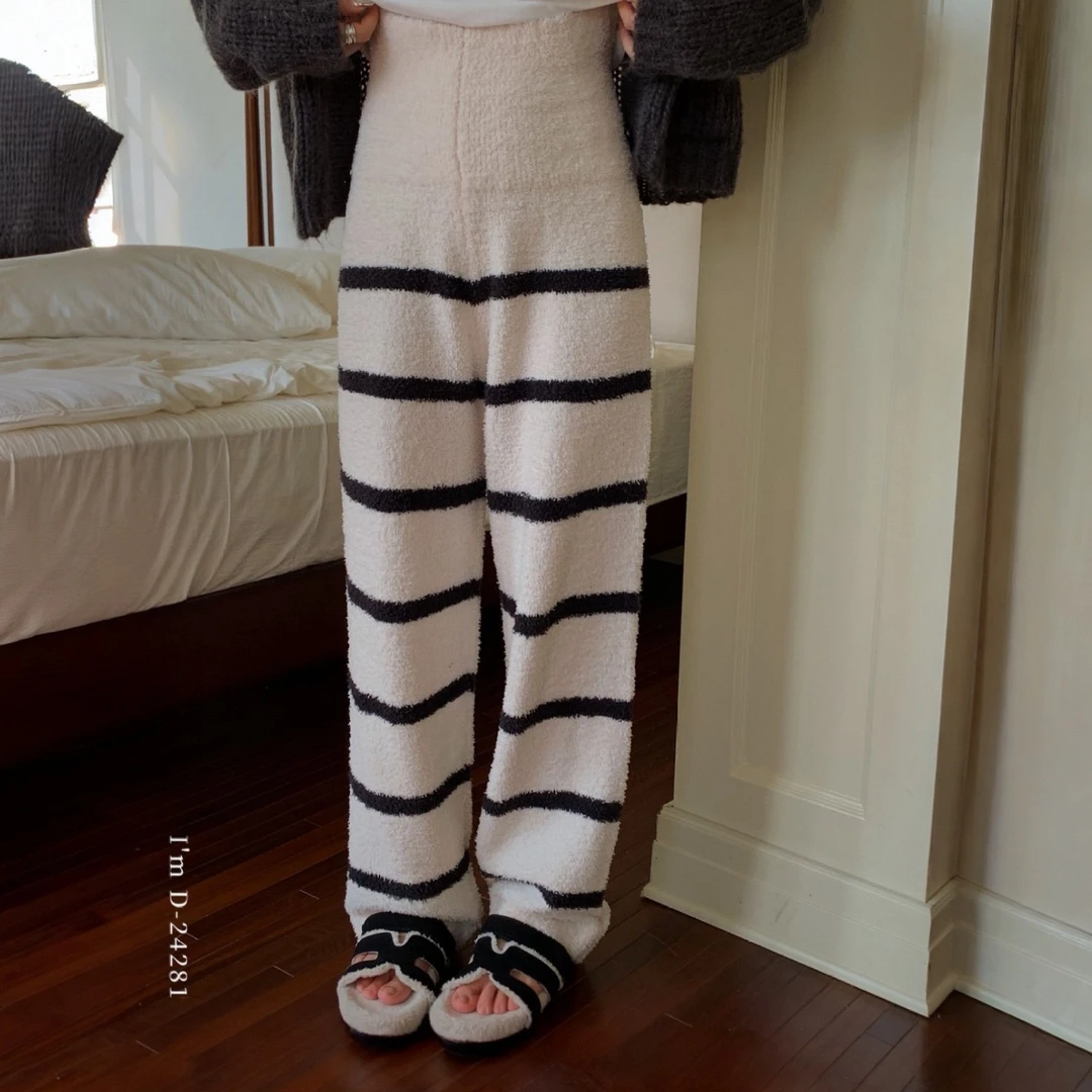 杜小宅暖宫裤睡裤女冬季新款珊瑚绒加厚保暖条纹可外穿家居休闲裤