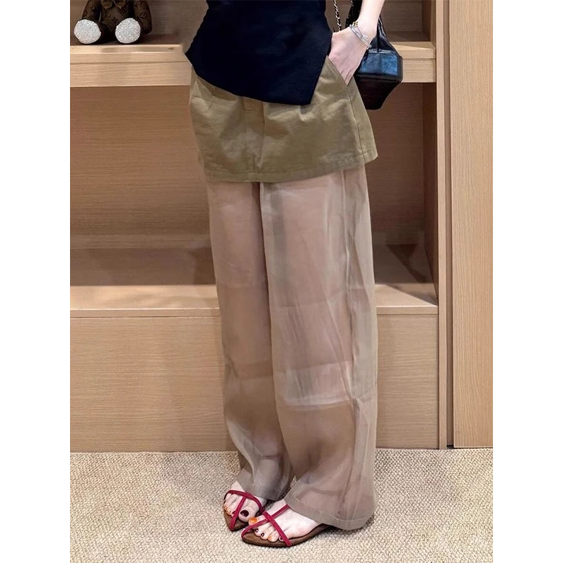 一眼就爱上了，巨好看！宽松直筒休闲假两件卡其色阔腿裤女夏季裤子