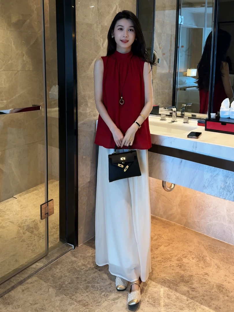 简约时尚衬衫上衣套装女阔腿裙裤两件套