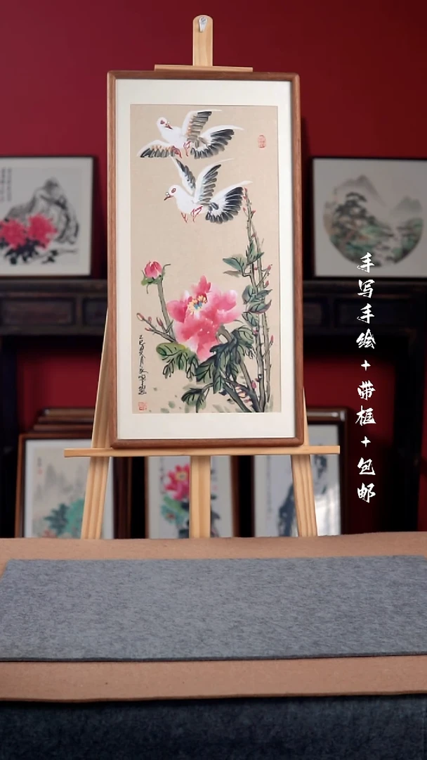 国画手绘手写-36*69带框-花鸟作品