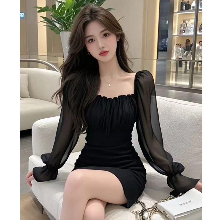春季性感辣妹黑色方领长袖连衣裙女秋冬季修身显瘦网纱小黑裙短裙