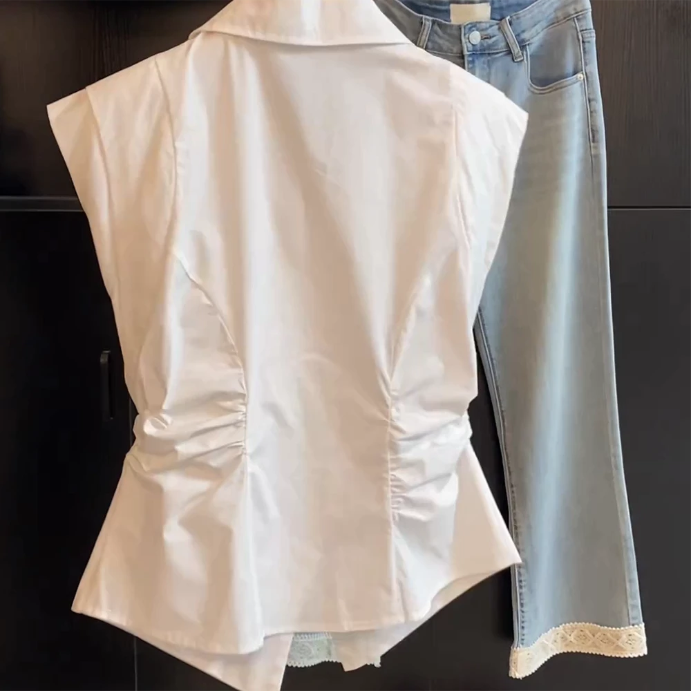 【南法格调】金法式polo领设计感绑带褶皱坎肩无袖衬衫