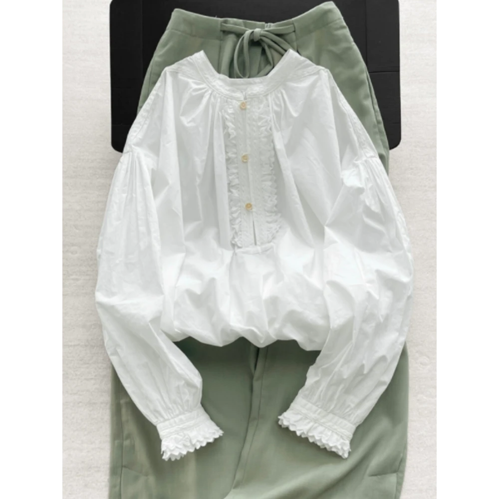 法式独特气质小花边白色三粒扣长袖衬衫女2025秋季灯笼袖时尚衬衣