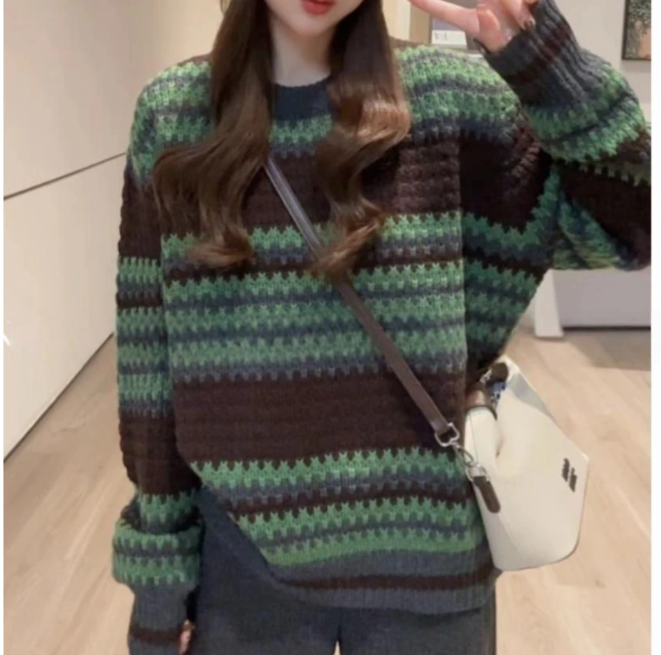冬季新款复古松弛感洋气针织衫2025小众设计宽松圆领撞色条纹毛衣