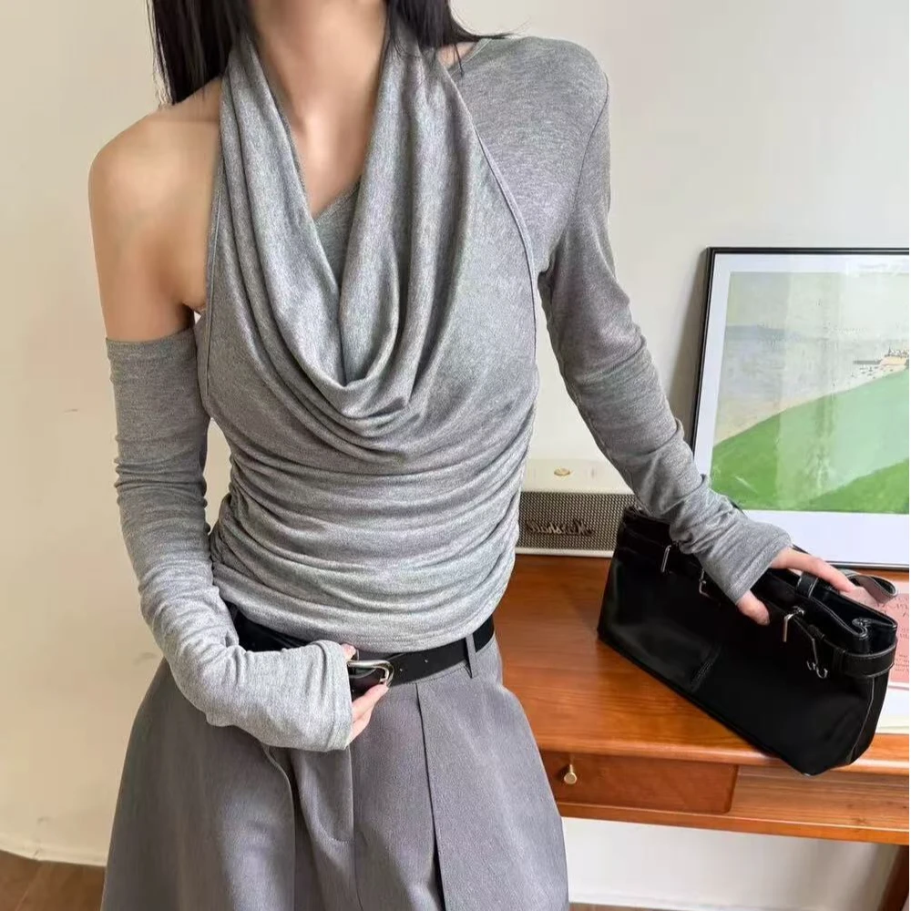 早秋韩版轻奢休闲拼接百搭纯色气质法式落肩袖长袖短款T恤270298