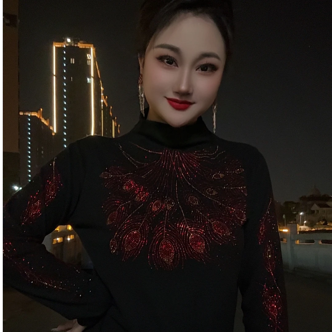 【半高领羽翼加绒】打底衫女内搭秋冬新款时尚烫钻上衣修身显瘦D