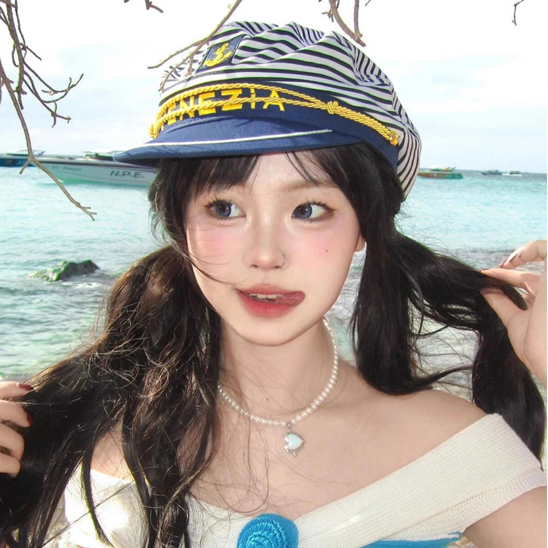 海军风八角贝雷帽女复古英伦平顶船长帽学院风少女水手帽条纹贝雷