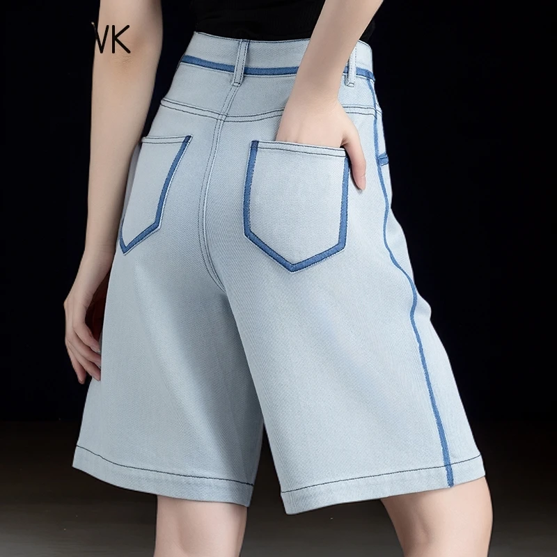 浅蓝冰丝牛仔短裤女夏季薄款2025新款高腰宽松阔腿时尚直筒五分裤