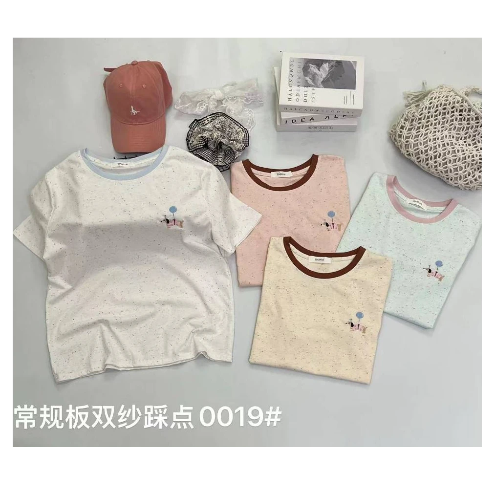 格子推荐~气球小狗卡通刺绣拼色圆领短袖T恤0019