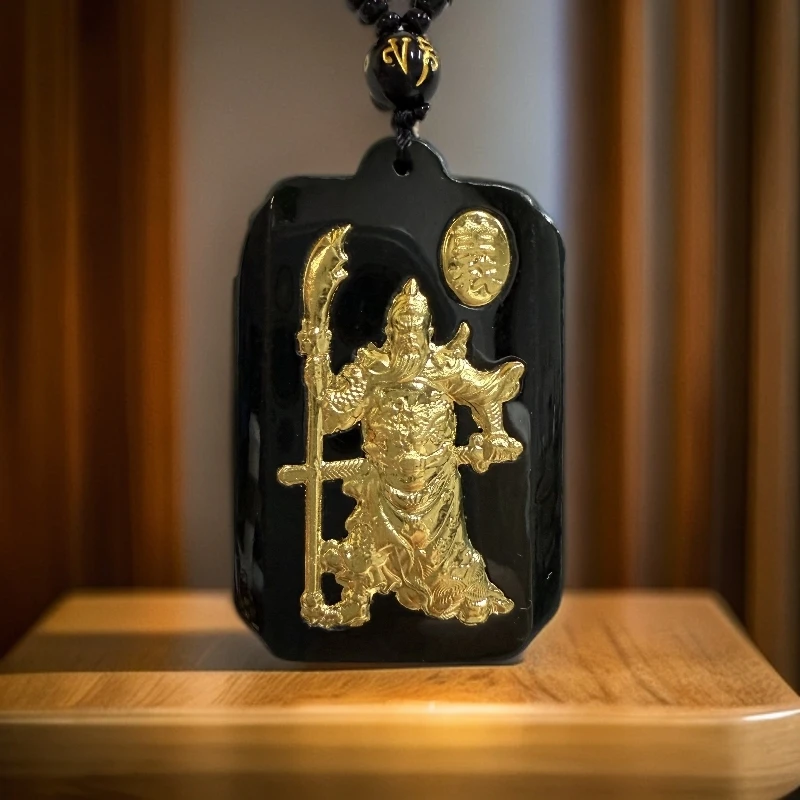 足金和田玉关公吊坠-带绳-带礼盒证书 KK06