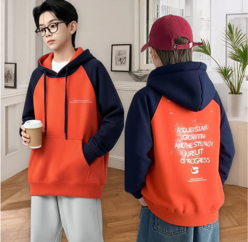 韩版冬季连帽男童女童冬季加绒加厚印花拼色卫衣
