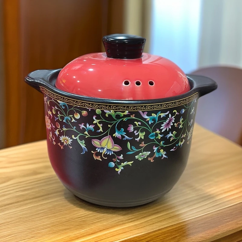 RY-大缠枝红盖砂锅22-12送手套